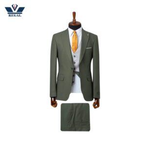Green Single Breasted Three-Piece Suit with White Vest