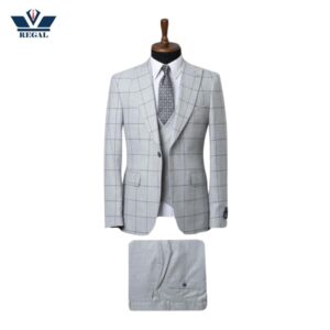 Light Gray Checkered Single-Breasted 3-Piece Suit | Slim Fit