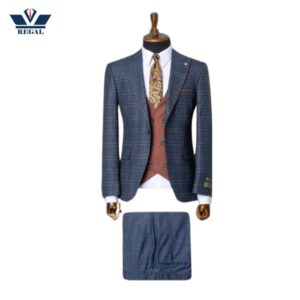 Charcoal Blue Checkered Single-Breasted 3-Piece Suit | Slim Fit